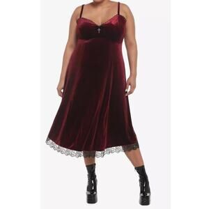Cosmic Aura Slip Dress Womens 1X Burgundy Velvet Adjustable Straps Lace Hem Goth